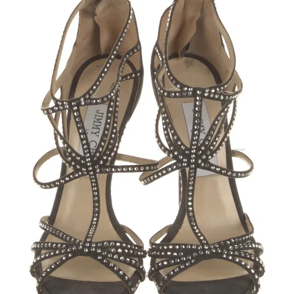 Jimmy Choo Gray Leather Vendetta Crystal Embellished Strappy Heel Sandals - Picture 10 of 11